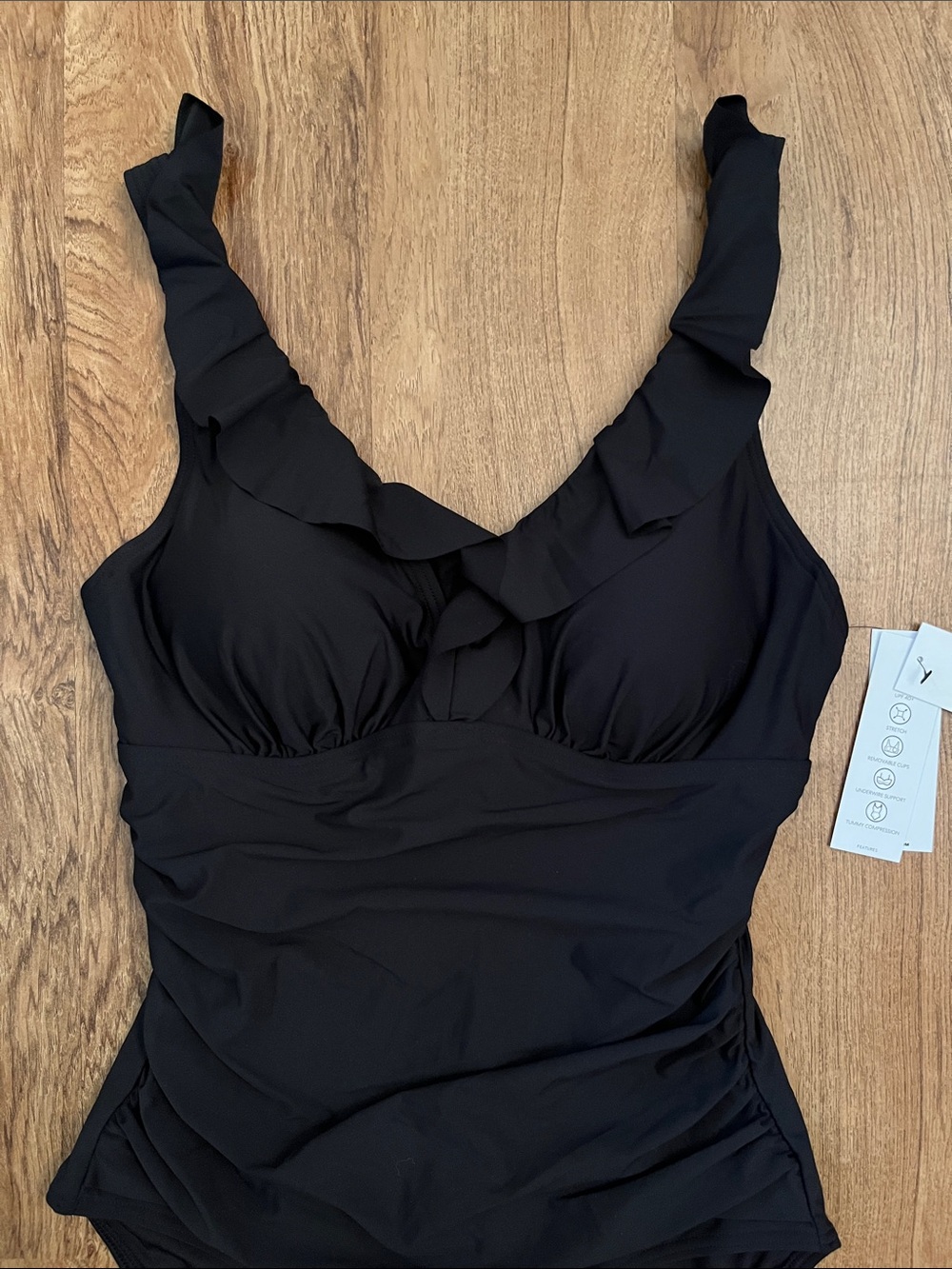 NWT DKNY Ruffle Plunge Underwire Tummy Control One Piece Swimsuit Black - Picture 5 of 10